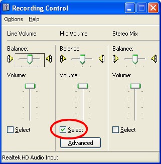 Выбор микрофона в качестве источника звука в операционной системе Windows XP