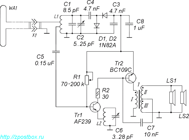 Схема УКВ ЧМ детекторного приёмника для диапазона ФМ