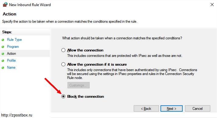 Block the connection in the Windows 10 firewall dialog