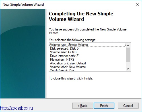 Completing the New Simple Volume Wizard