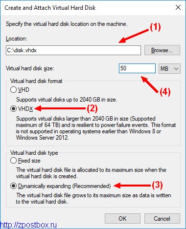 Create and Attach Virtual Hard Disk panel