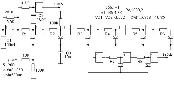 Схема фазового модулятора сигнала, выполненного на логических элементах серии 555