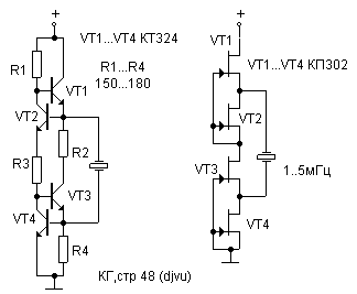 Схемы кварцевых генераторов на ограничителях тока с полевыми и биполярными транзисторами.