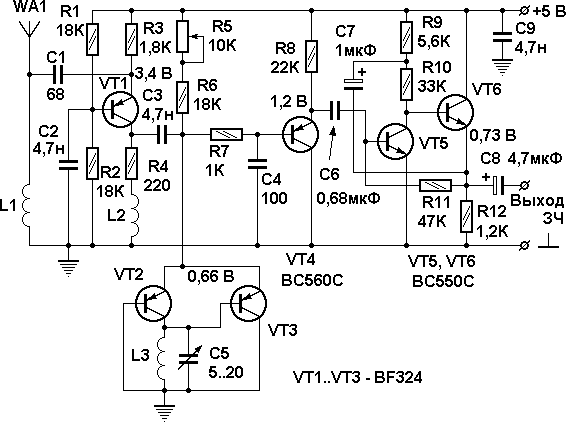Принципиальная схема простого транзисторного приёмника частотномодулированных сигналов УКВ диапазона
