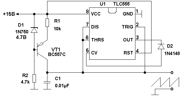Принципиальная схема генератора пилообразного напряжения на 555 таймере
