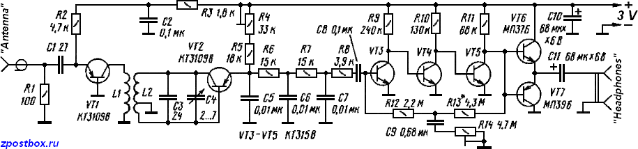 Circuit diagram of the super-regenerative receiver with low battery consumption