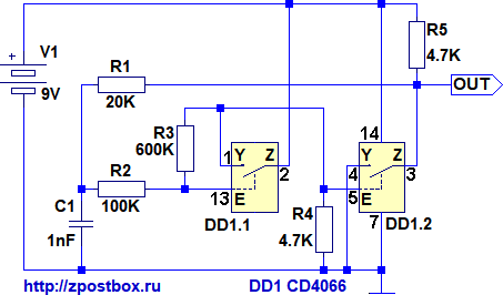 The relaxation oscillator circuit diagram with CD4066