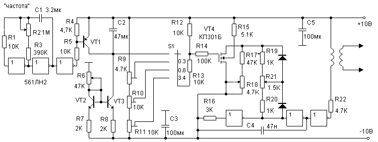 Схема простого генератора качающейся частоты на КМОП микросхеме